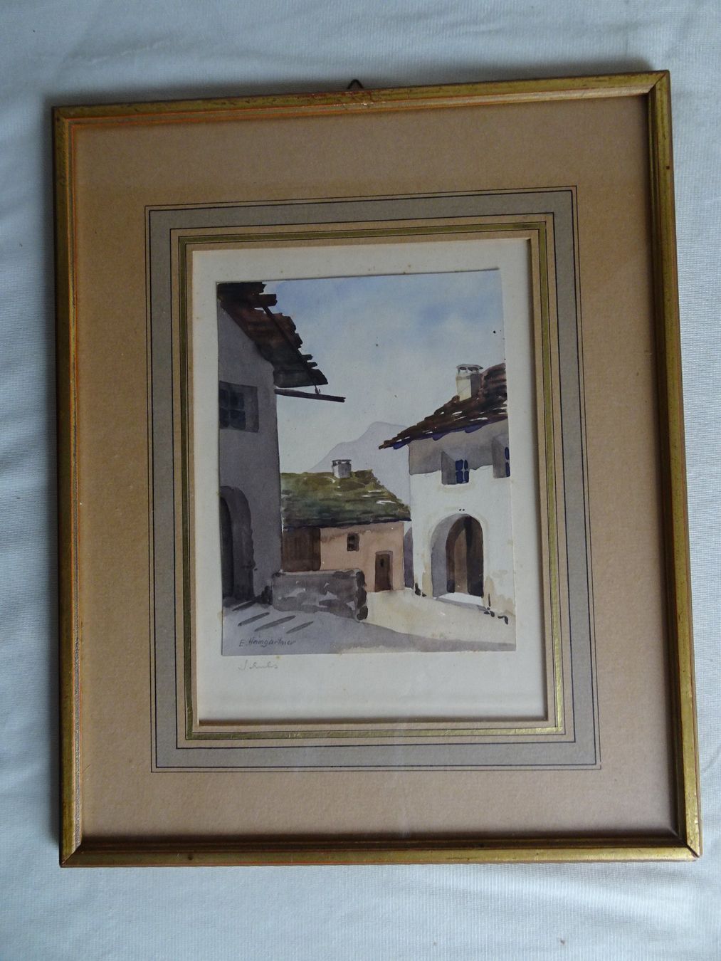 Gemälde: E.Heimgartner Dorfszene Schuls Graubünden Aquarell – Gebraucht aus Siebnen von niki61
