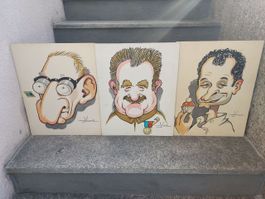 3 Rare Caricature TI di Walti 1971(Walter Faccini) cm50x40
