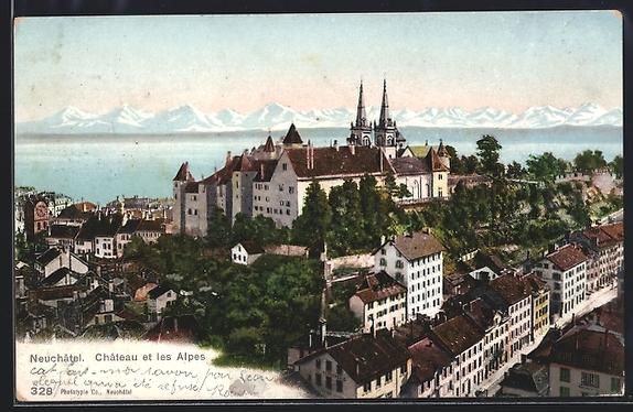 Cartoline postali: AK Neuchâtel, Château et les Alpes – Usato da Berlin venduto da bartko-reher