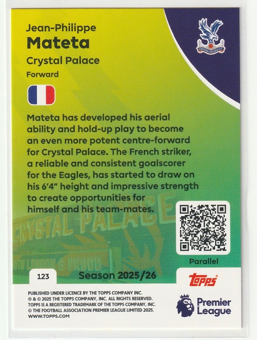 Topps Carte collezionabili: 2026 Topps Premier League Mateta Yellow Parallel – Nuovo (secondo la descrizione) da Biel/Bienne venduto da historian-198 1
