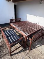 Garten-Esstisch + 3x Bänke + Aufbewahrungsschrank