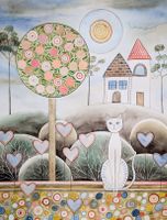 Original Aquarell die weisse Katze