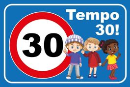 Blechschild-TEMPO 30! MIT 3 KINDERN BLAU
