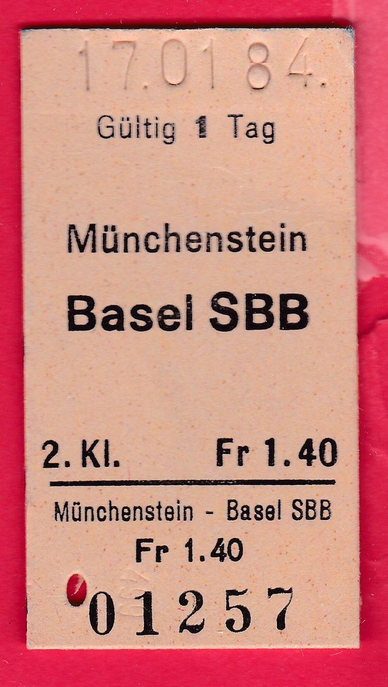 Biglietti: KARTON BILLETT, MÜNCHENSTEIN - BASEL SBB, 2.KLASSE, EINFACH – Usato da Oberrieden venduto da Gebirgsstelze