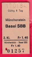 KARTON BILLETT, MÜNCHENSTEIN - BASEL SBB, 2.KLASSE, EINFACH