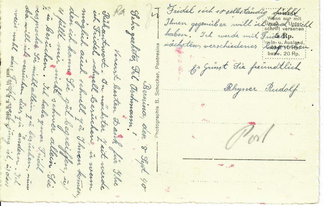 Cartoline postali: Pension Bernina Haus  1940 – Usato da Hochdorf venduto da Ziegel-16 1