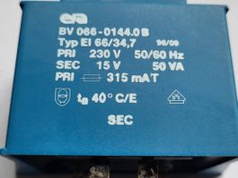 Trafo 50 VA Primär 230V Sekundär 15V
