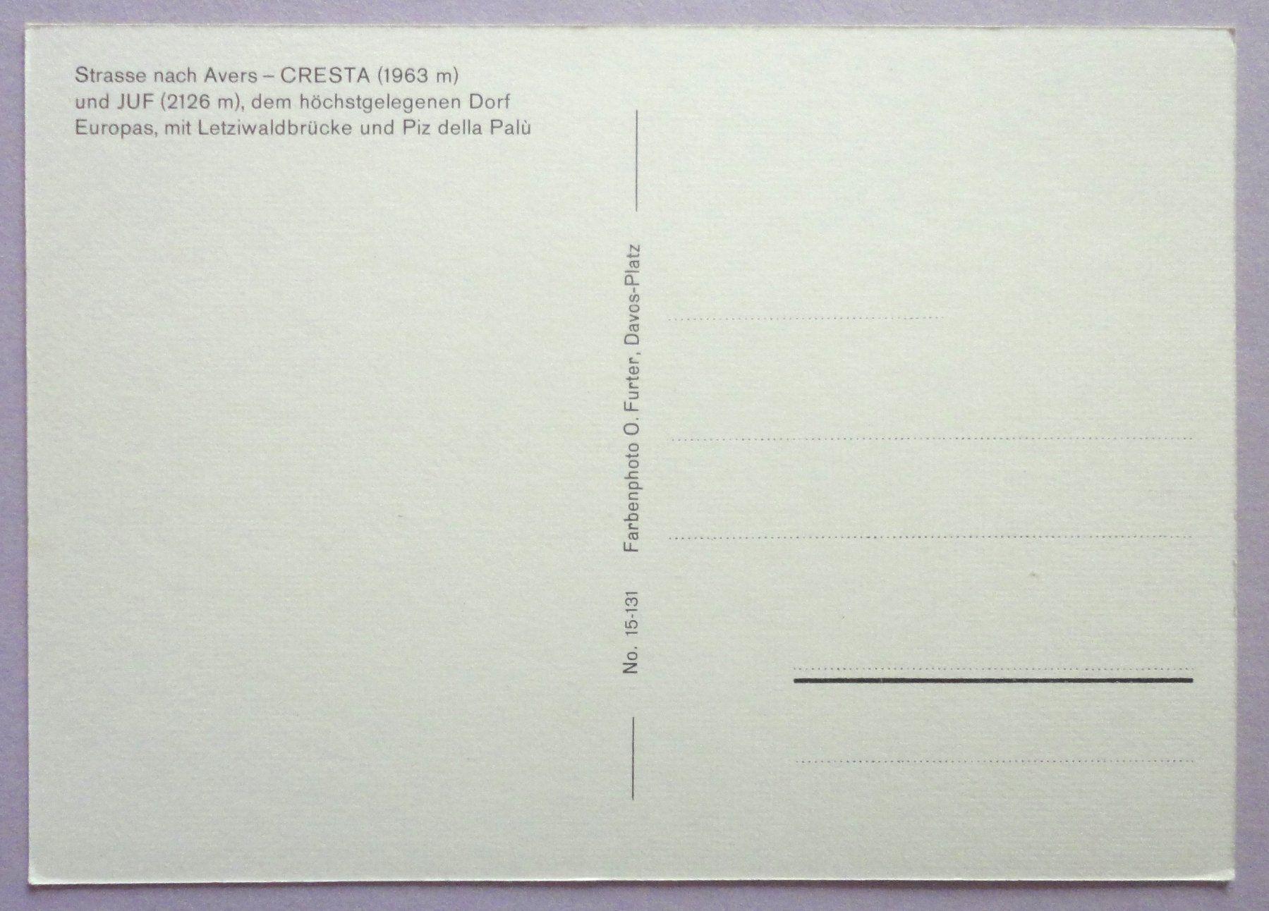 Cartoline postali: Strasse nach Avers - Cresta und Juf – Usato da Fétigny venduto da Billy2miny 1