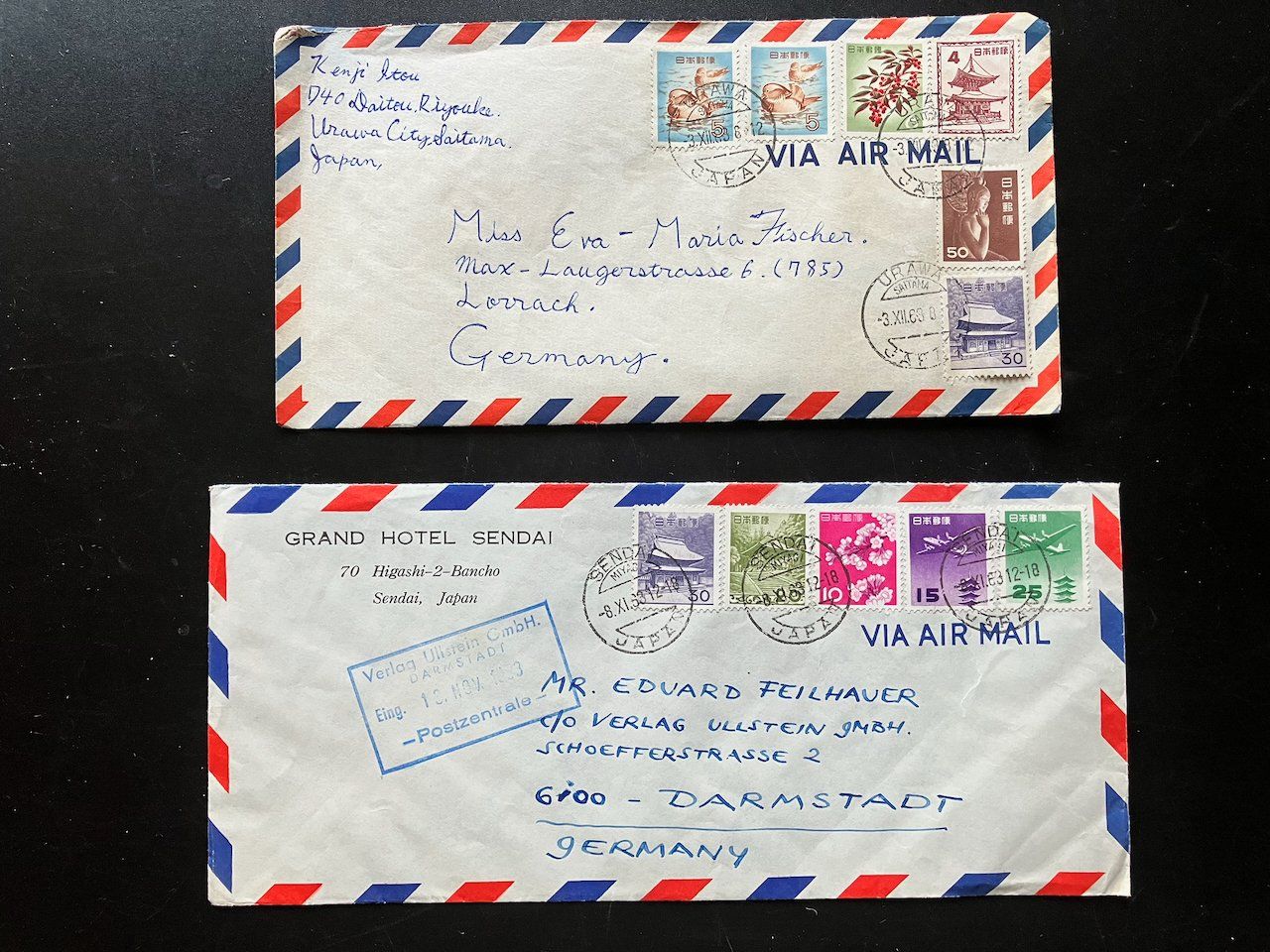 Tutti i francobolli: 12 Luftpostbriefe Japan 1954-84 plus Block – Usato da Nesslau venduto da zueri6 1