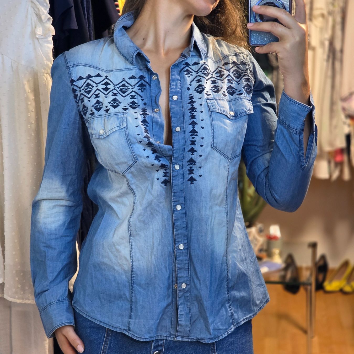 Camicette: Denim Hemd Bluse Gr.38/40 Western Style Baumwolle – Usato da Wald ZH venduto da CapLux 1