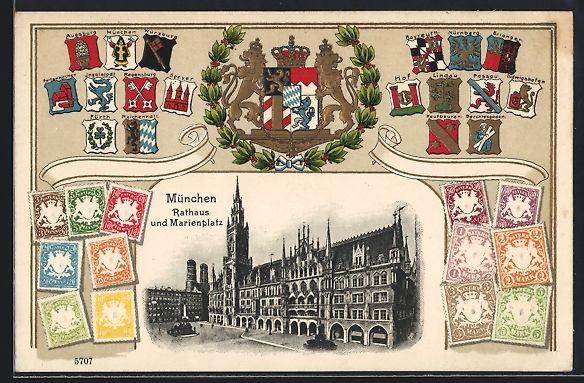 Cartoline postali: München, Rathaus und Marienplatz, Wappe – Usato da Berlin venduto da bartko-reher