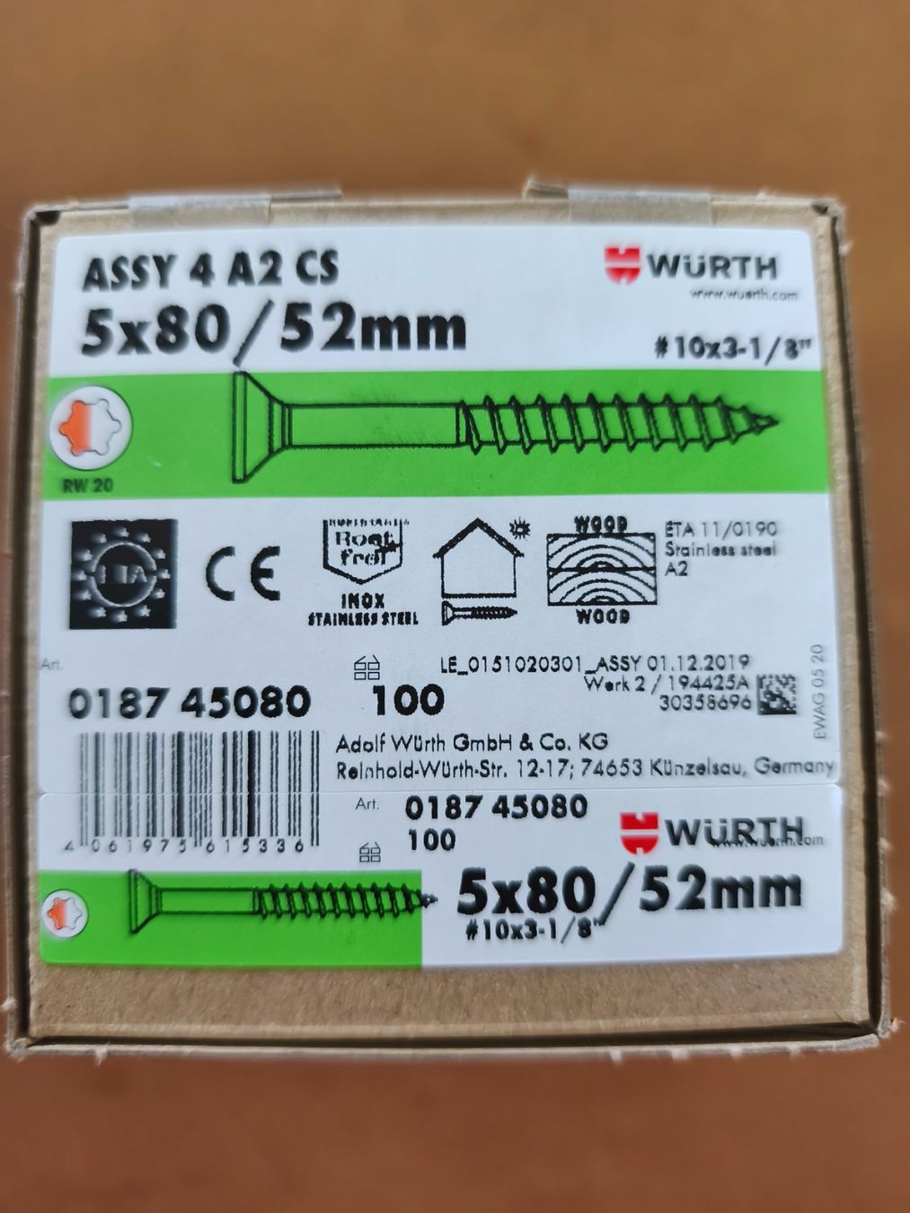 Würth Alle Werkzeuge: ASSY 4 A2 CS 5x80/52mm 100Stck. – Gebraucht aus Altstätten SG von Gralu