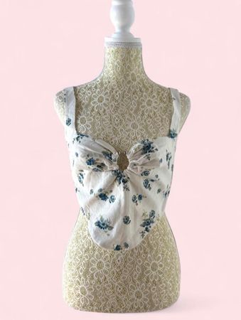 Bardot white & blue floral crop top with front detail