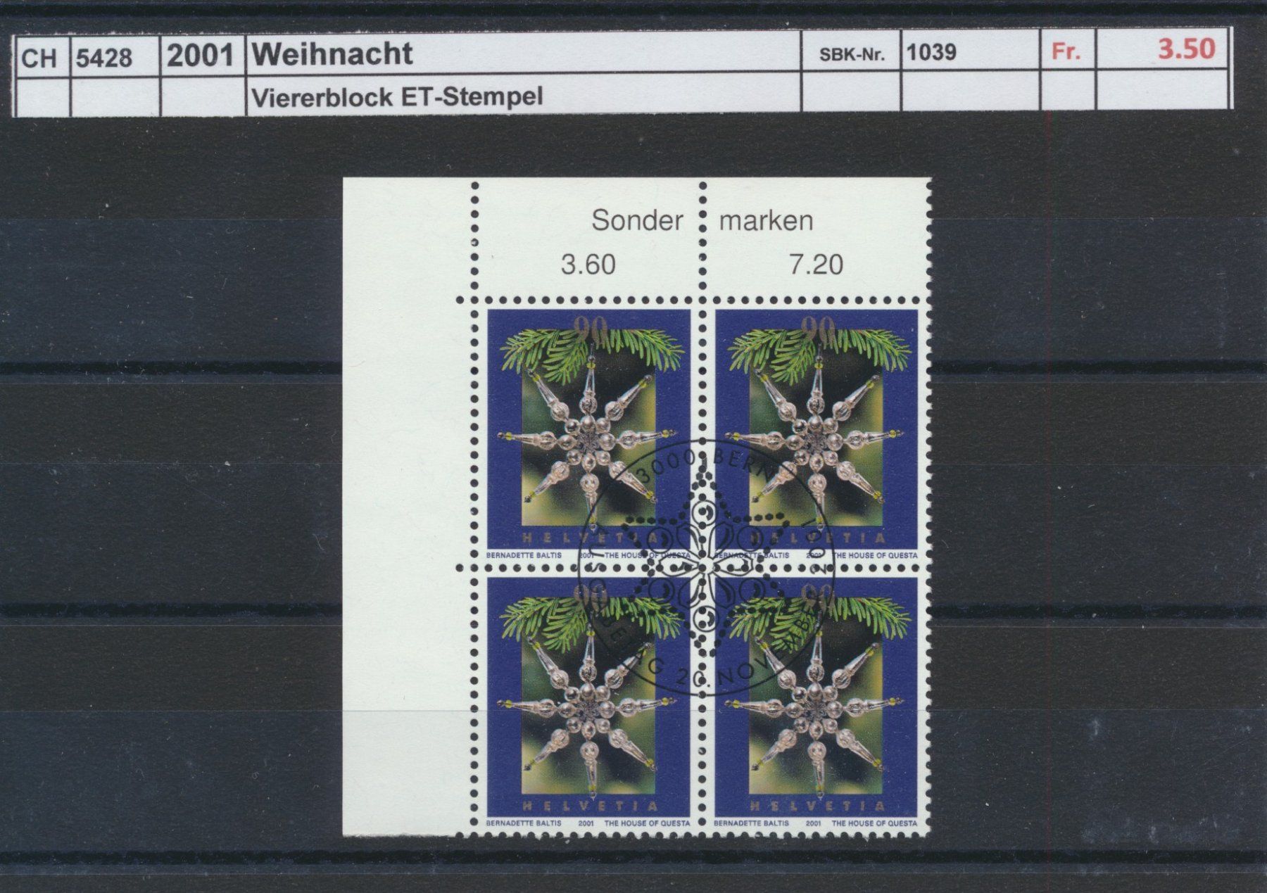 Tous les timbres: 2001 "Weihnachten", Viererblock, ET - Stempel – D'occasion à Winterthur par Zupogeru