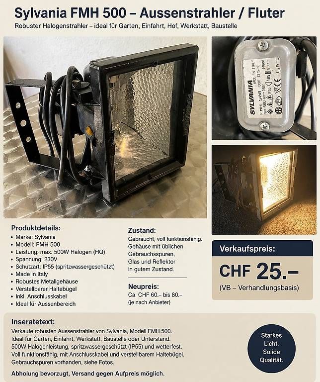 Lampade: Sylvania FMH 500 Halogen-Aussenstrahler  – Usato da Thun venduto da infanger2010