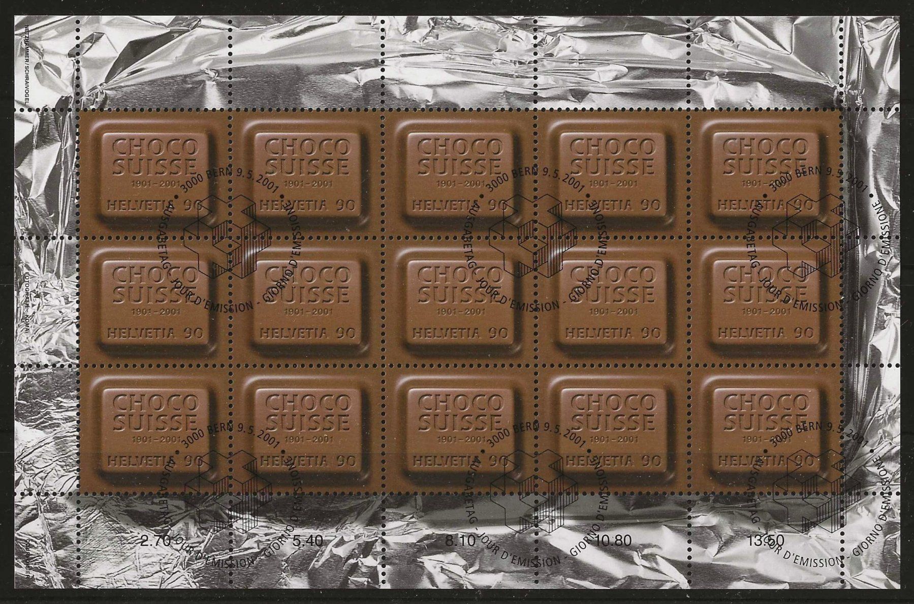 Alle Briefmarken: Kleinbogen CHOCO-SUISSE 2001 Ersttag – Gebraucht aus Zürich von Philacat11