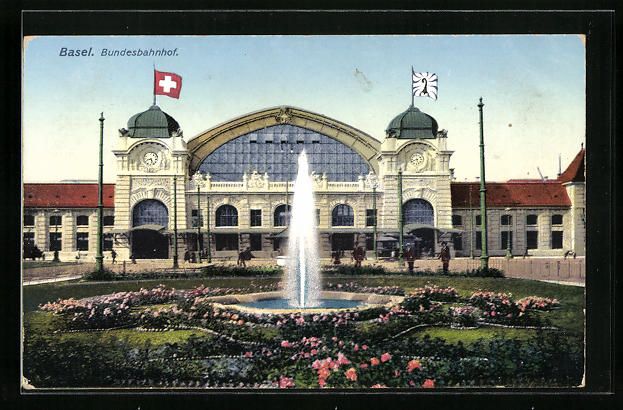 Cartoline postali: AK Basel, Bundesbahnhof mit Wasserspiel – Usato da Berlin venduto da bartko-reher