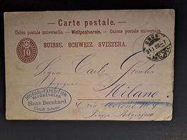 Postkarte 10 Rappen rot gelaufen von Chur Mailand 1882