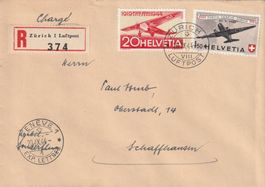 Flugpost Brief-Zürich-Genf-Schaffhausen-1944-Einschreiben