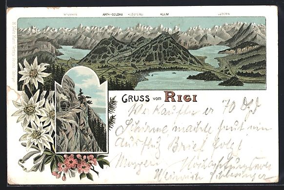 Cartoline postali: Litho Rigi, Bergbahn, Panorama des Umlan – Usato da Berlin venduto da bartko-reher