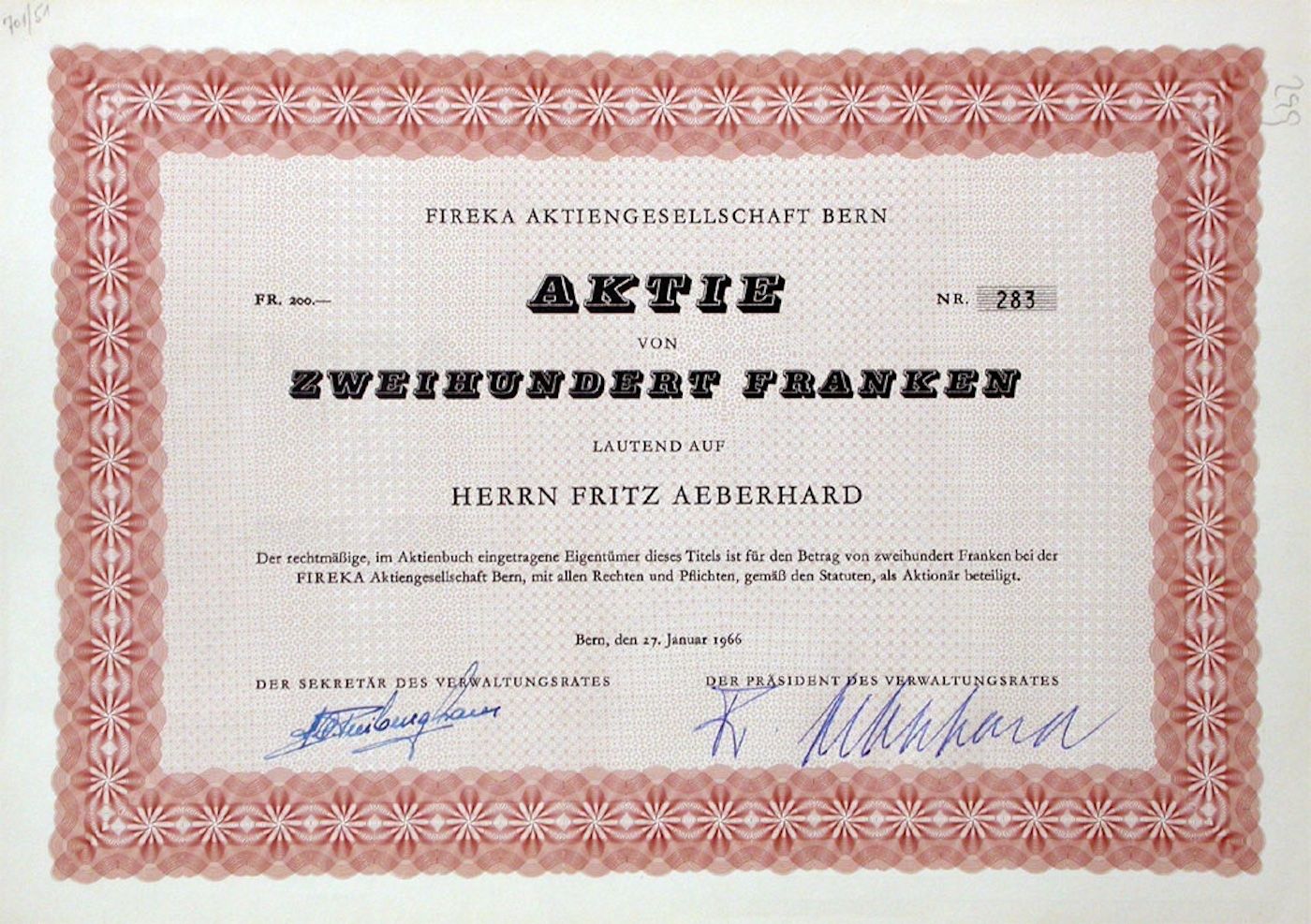 Dokumente: Fireka AG Bern - 1966 – Gebraucht aus Solothurn von Sgasche