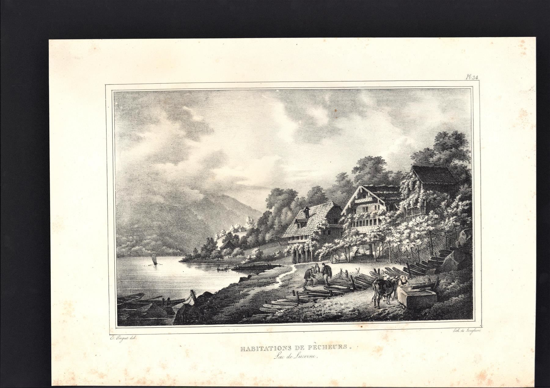 Stiche: Fischerhütte Original-Litho von Pingret – Gebraucht aus Rafz von Helvet32