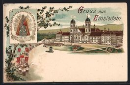 Litho Einsiedeln, Kloster mit Prozession