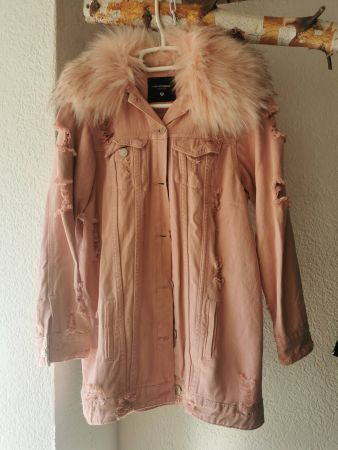 Rosa Jeansjacke Kunstfell / stylisch Übergangsjacke - Gr. XS