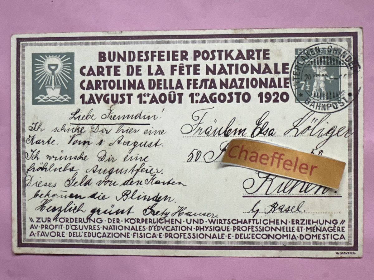 Ansichtskarten: Bundesfeier-Postkarte 1920 1.August – Gebraucht aus Zürich von Chaeffeler 1