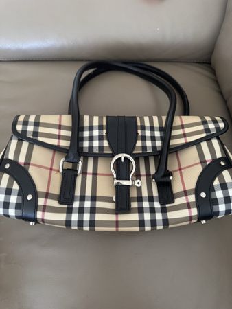 Handtasche Burberry Haymarket Check Leder Schwarz Beige