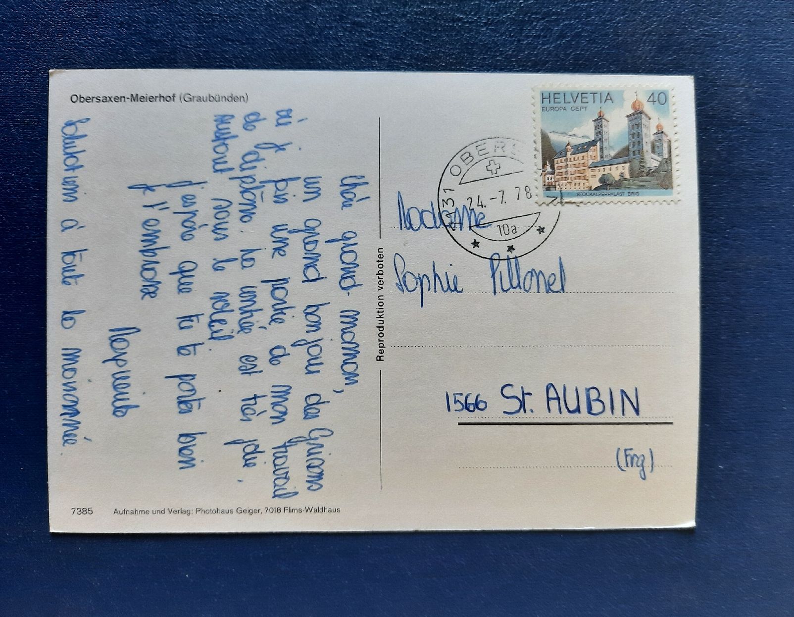 Cartoline postali: Ansichtskarte Obersaxen-Meierhof, gest.1978 – Usato da Marly venduto da neu-adlerauge65 1