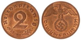 2 Pfennig Deutsches Reich Reichspfennig 1937 D