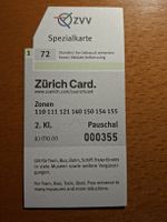 Zürich Card Spezialkarte ZVV 72 Stunden    2. Klasse.