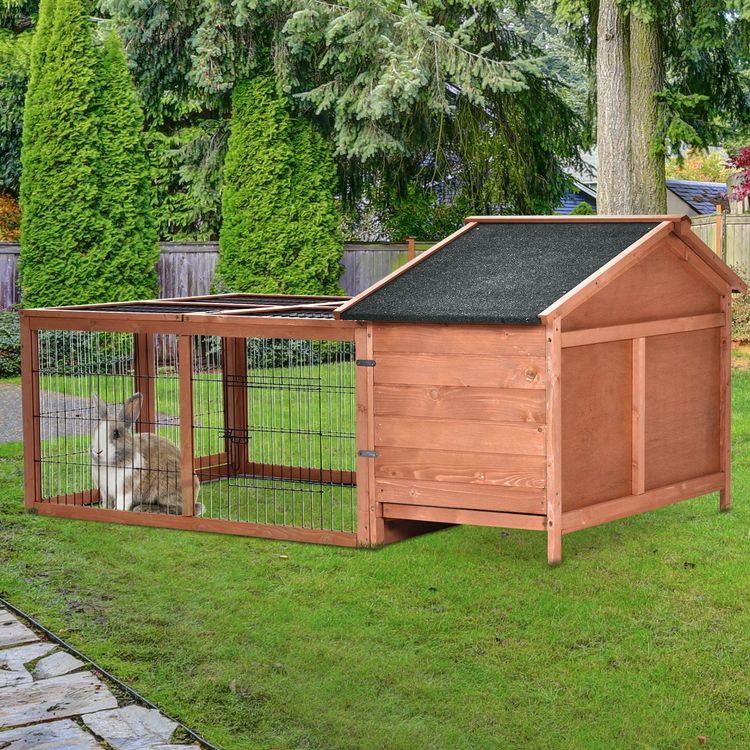 Tidyard Kaninchenstall 144x123cm - Massivholz Gehege Mit Freilauf Braun