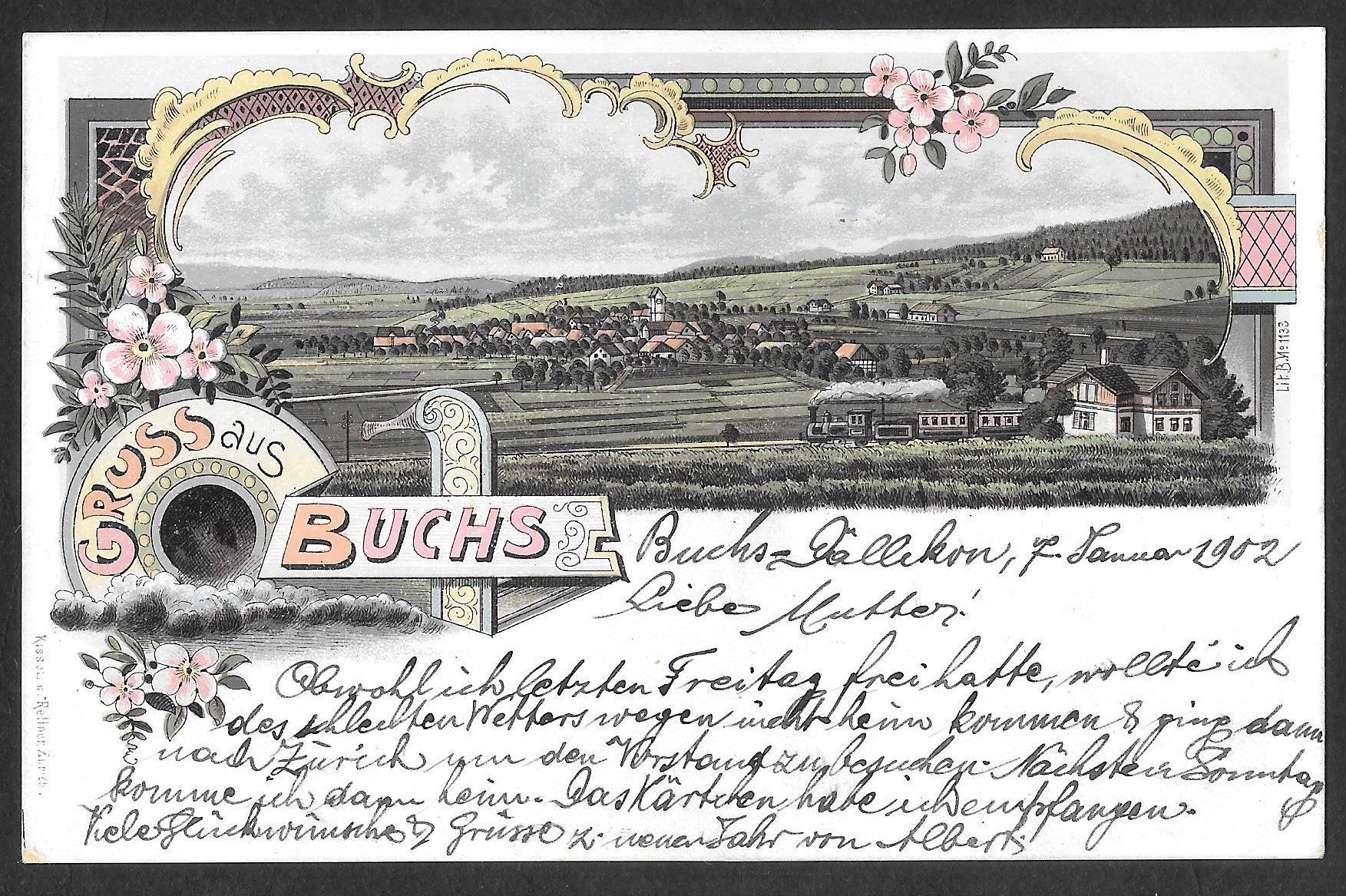 Cartoline postali: Buchs farbige Lithografie Dorfansicht mit Zug – Usato da Olten venduto da clotaldi