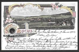 Buchs farbige Lithografie Dorfansicht mit Zug
