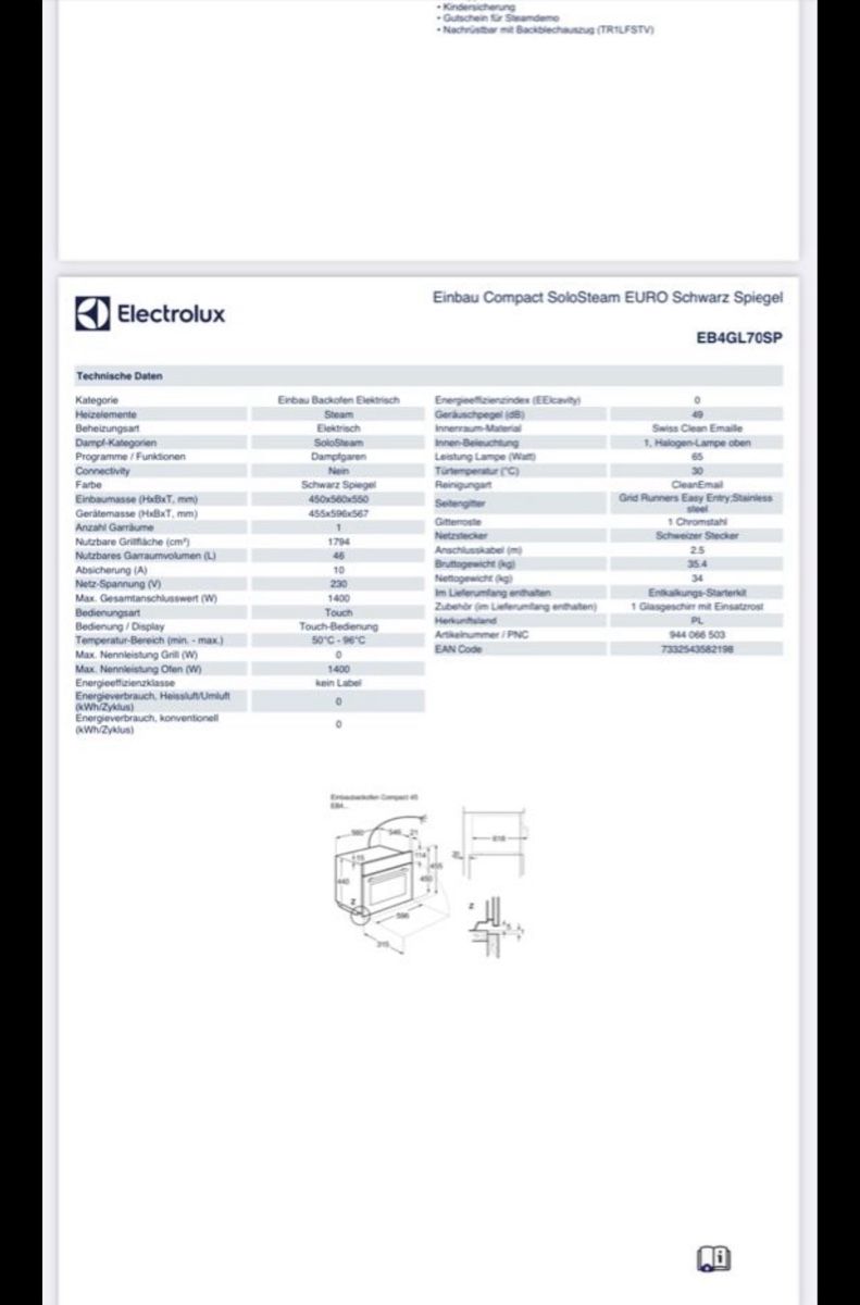 Electrolux Elettrodomestici da cucina: Electrolux Einbau Backofen SoloSteam EURO EB4GL70SP Schwarz – Usato da Winterthur venduto da RayJay95 5