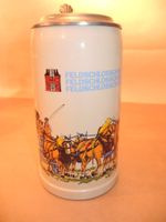 Bierhumpen Feldschlösschen Bier Krug Glas mit Zinndeckel