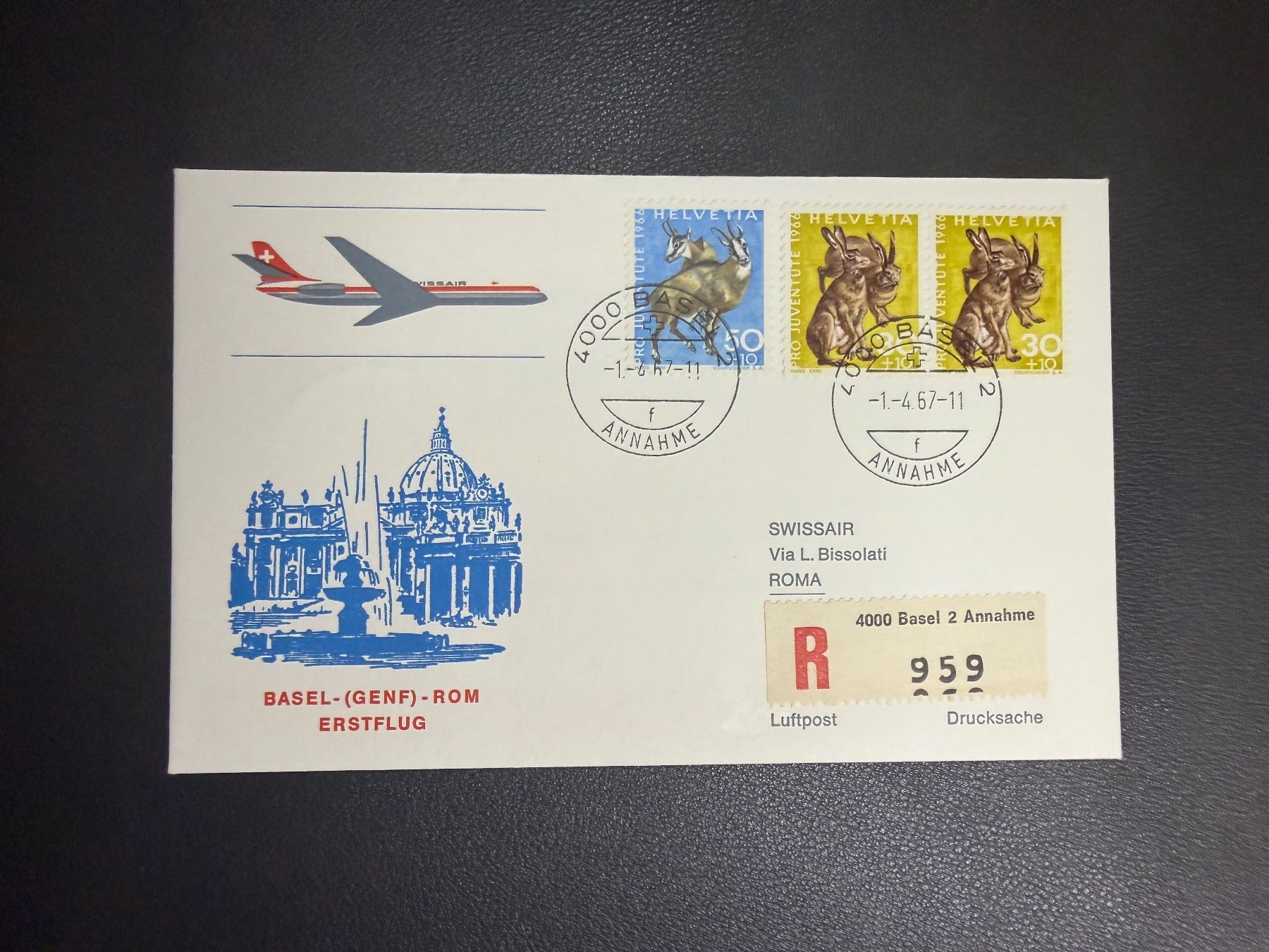 Tous les timbres: Swissair Erstflugbrief Basel-Rom 1967 – D'occasion à oberrüti par jeanmei