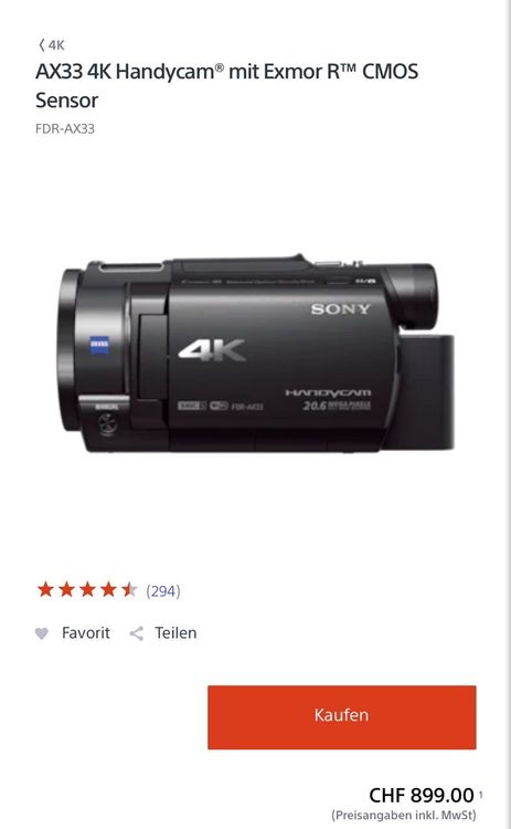 Sony-FDR AX33 Handycam mit Exmor R™ CMOS Sensor inkl.Ständer | Kaufen ...
