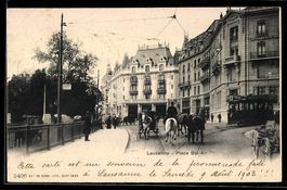 AK Lausanne, Place Bel Air, Strassenbahn
