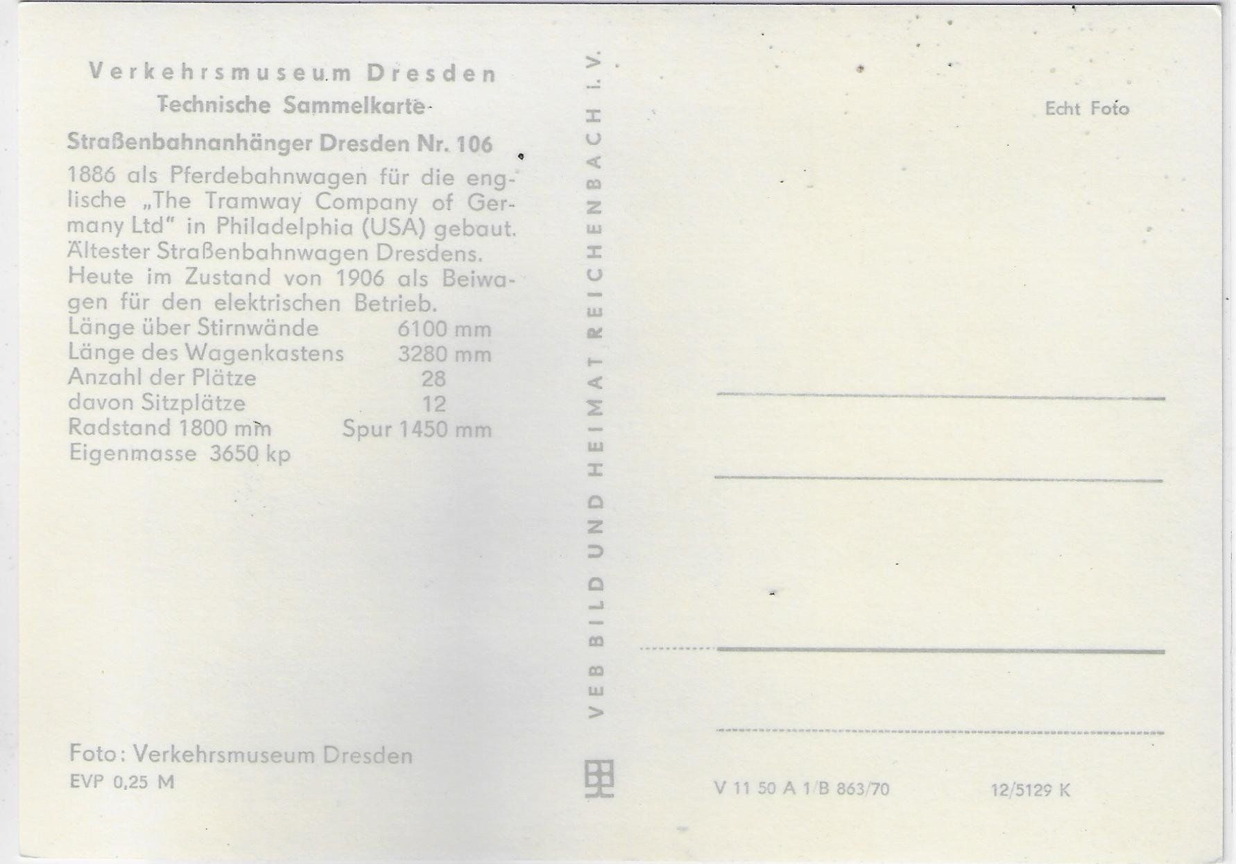 Cartes postales: Strassenbahnanhänger Dresden Nr. 106 – D'occasion à Ettingen par Kartenplanet 1