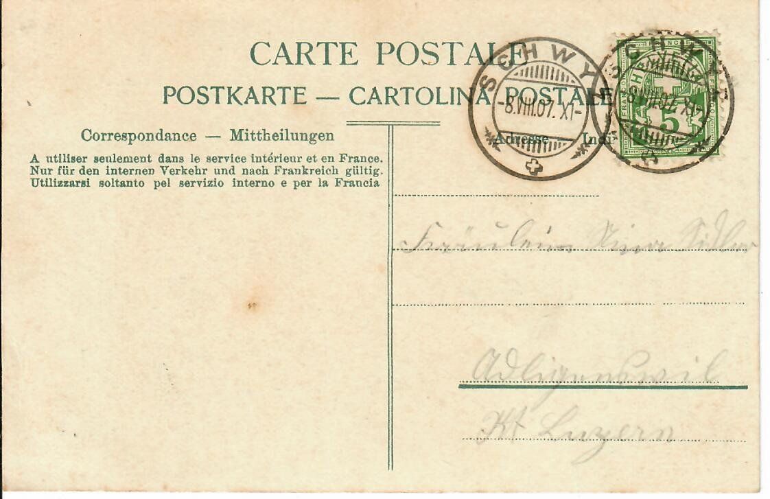 Cartoline postali: Schwyz  1907 – Usato da Hochdorf venduto da Ziegel-16 1