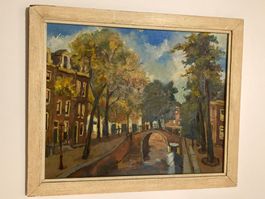 Wil van Dinther (1917-1997) Gemälde mit Bach, Brücke, Häuser