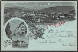 #Lithografie Gruss aus Liestal , gel. 1900 ,(Mondscheinlitho