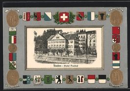 AK Baden, Hotel Freihof mit Wappen, 1913