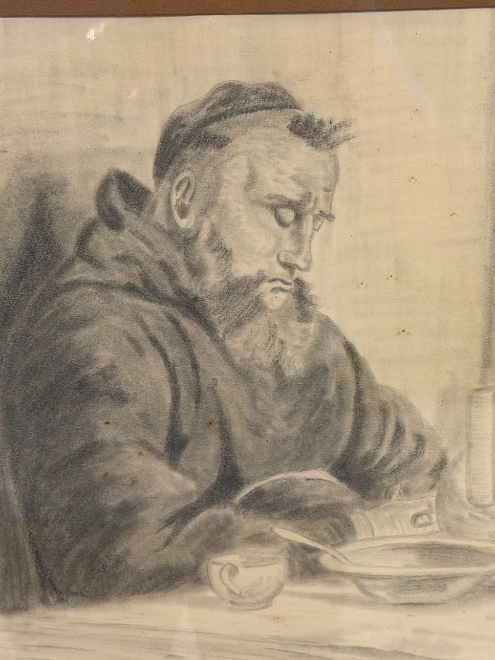 Dipinti: Vintage gerahmte Bleistiftzeichnung eines Mönchs, Wandkunst – Usato da Basel venduto da PAUL_ART 1
