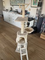 Tiragraffi per gatti, beige, con cuccia e scaletta