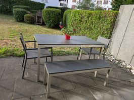 Gartenset - Tisch mit Steinplatte / Bank / 4 Stühle