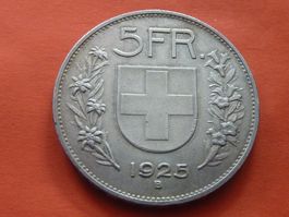 Silber 5 Fr.  1925  B   -  ungereinigt  -
